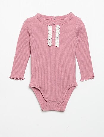 Body in maglia a costine con ricamo sangallo
