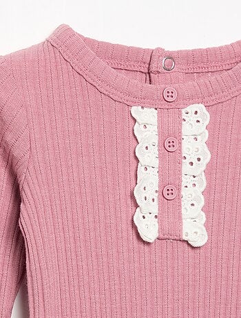 Body in maglia a costine con ricamo sangallo
