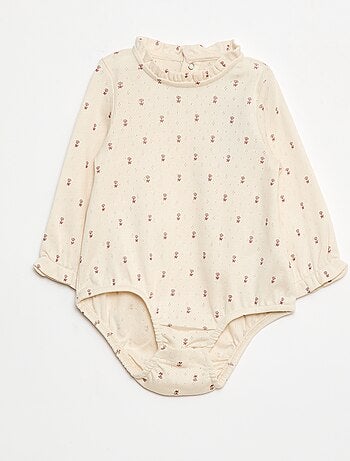 Body in maglia operata con colletto arricciato e motivo all over