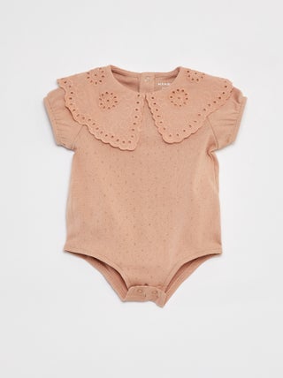 Body in maglia pointelle con collo fantasia