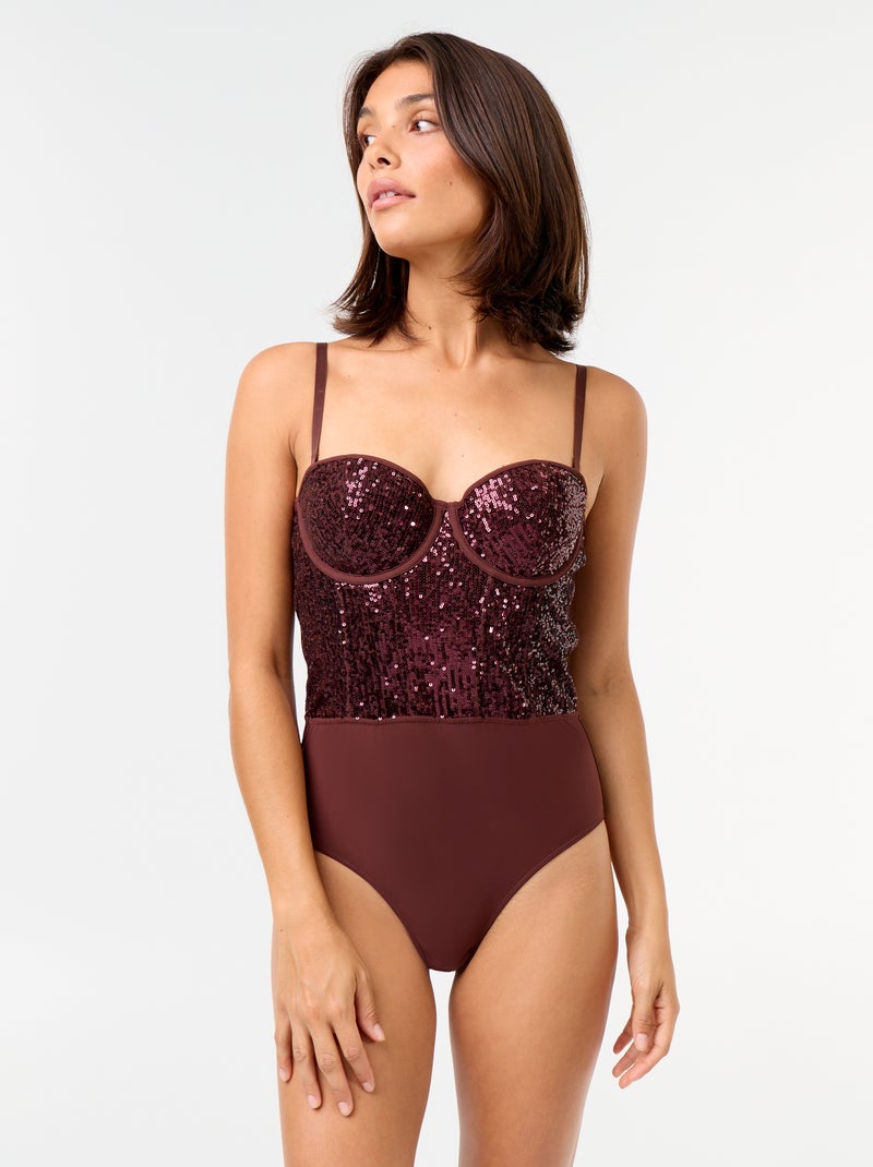 Body in microfibra e paillettes Marrone scuro - Kiabi