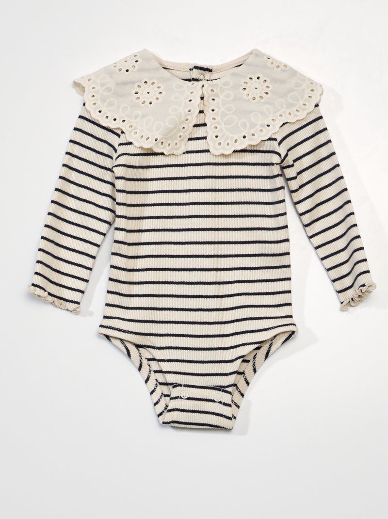 Body in puro cotone con colletto con ricamo a punto inglese BIANCO - Kiabi