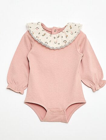 Body tinta unita con colletto Claudine stampato