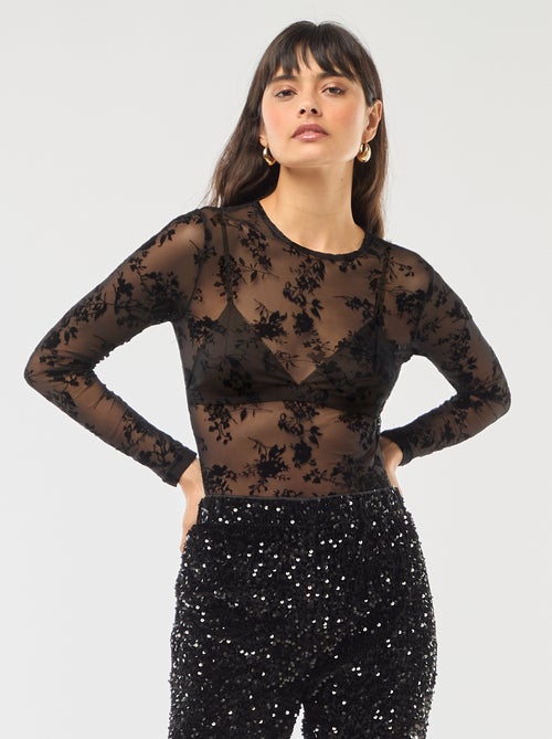 Body trasparente con fiori in velluto - Kiabi