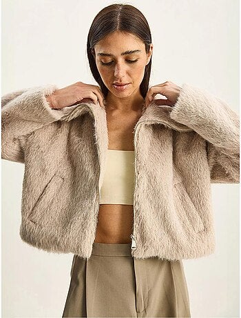 Bomber in peluche testurizzato con chiusura a zip lucci