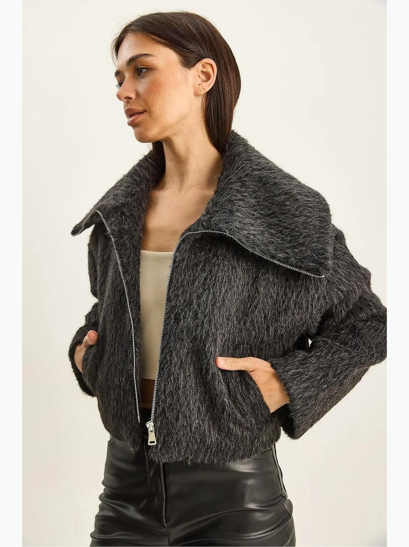 Bomber in peluche testurizzato con chiusura a zip lucci Grigio nero - Kiabi