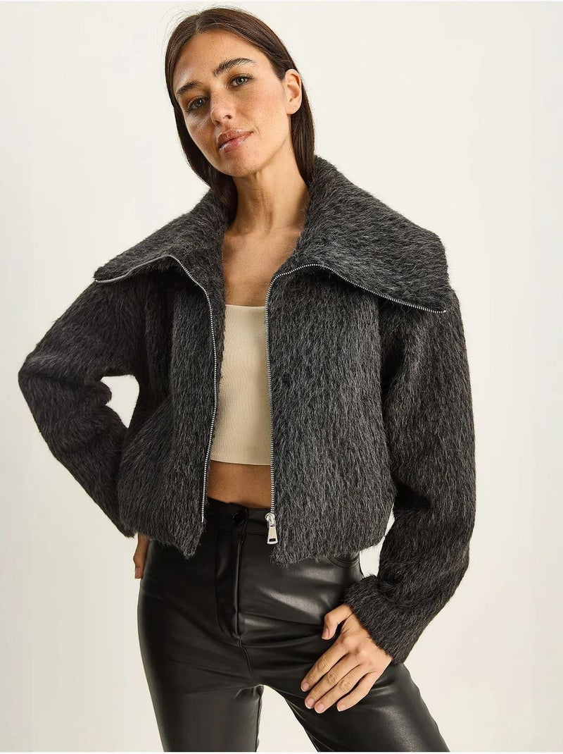 Bomber in peluche testurizzato con chiusura a zip lucci Grigio nero - Kiabi