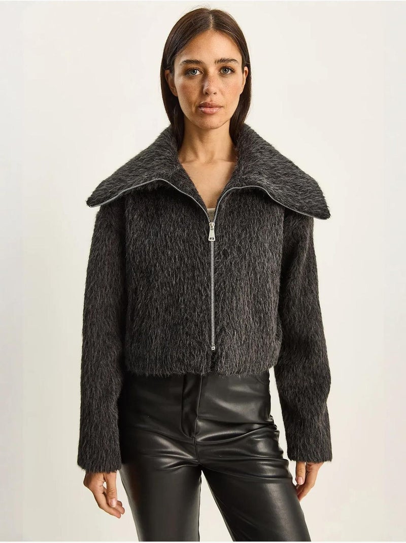 Bomber in peluche testurizzato con chiusura a zip lucci Grigio nero - Kiabi