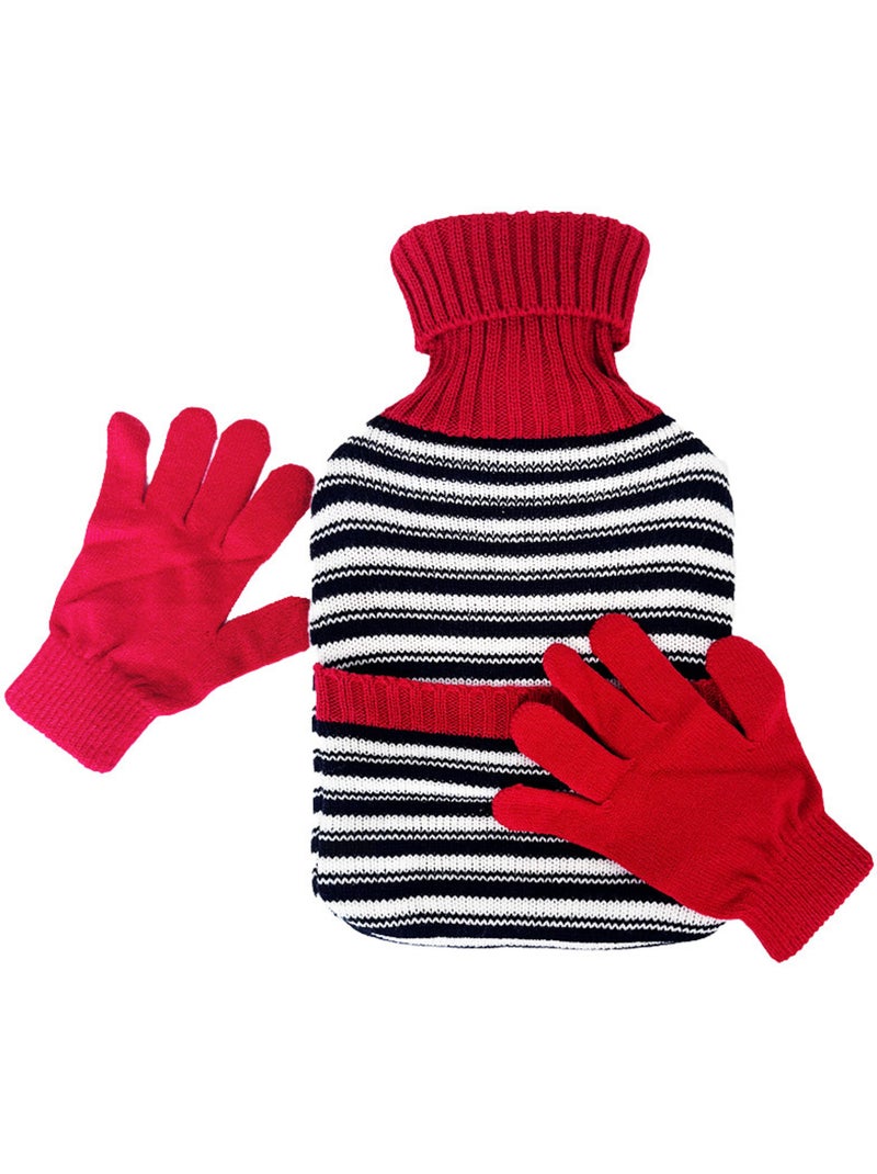 Borsa dell'acqua calda con guanti e fodera in maglia a righe Rosso - Kiabi