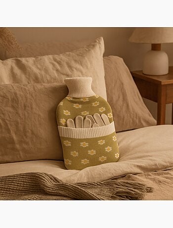 Borsa dell'acqua calda con guanti e fodera in maglia motivo fiori