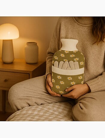 Borsa dell'acqua calda con guanti e fodera in maglia motivo fiori