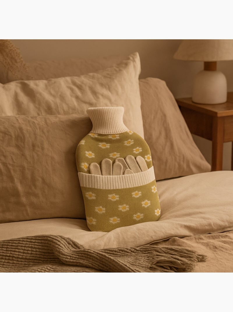 Borsa dell'acqua calda con guanti e fodera in maglia motivo fiori Verde - Kiabi