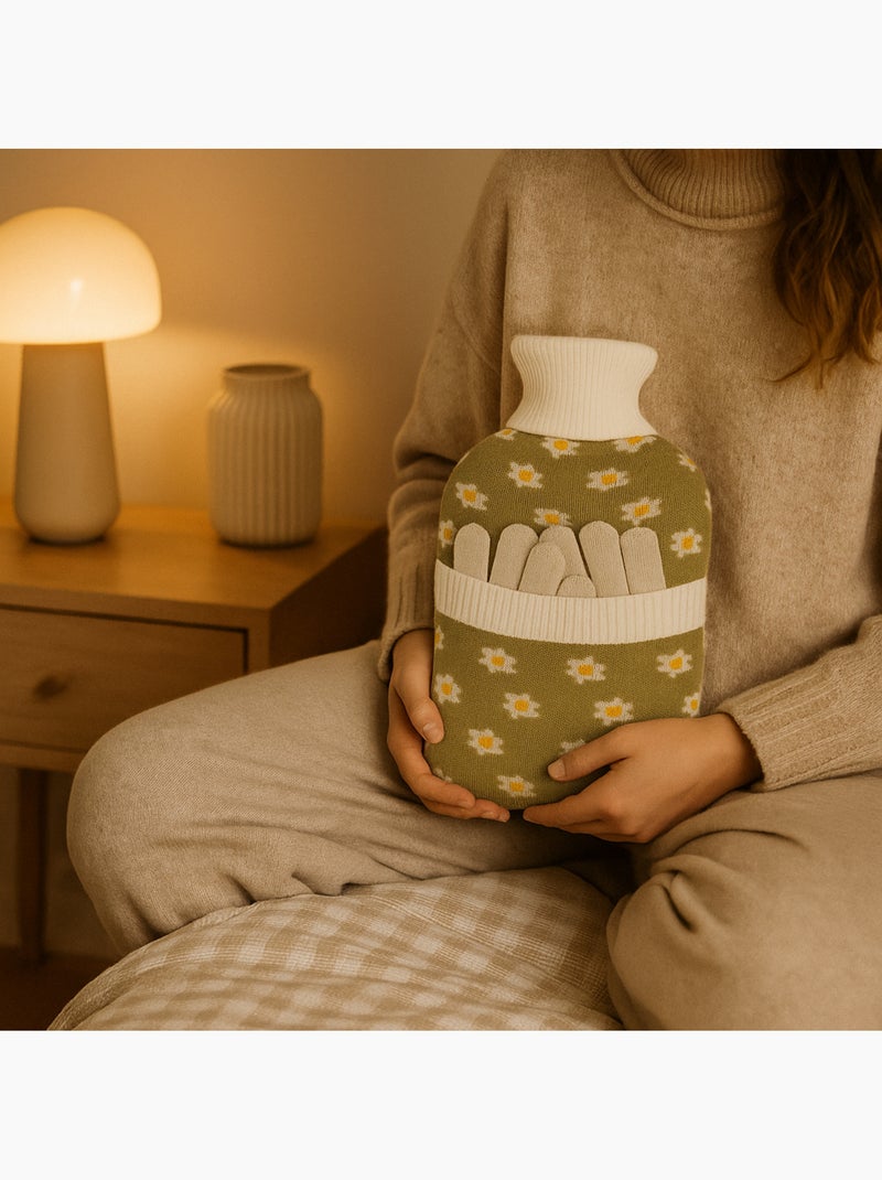Borsa dell'acqua calda con guanti e fodera in maglia motivo fiori Verde - Kiabi