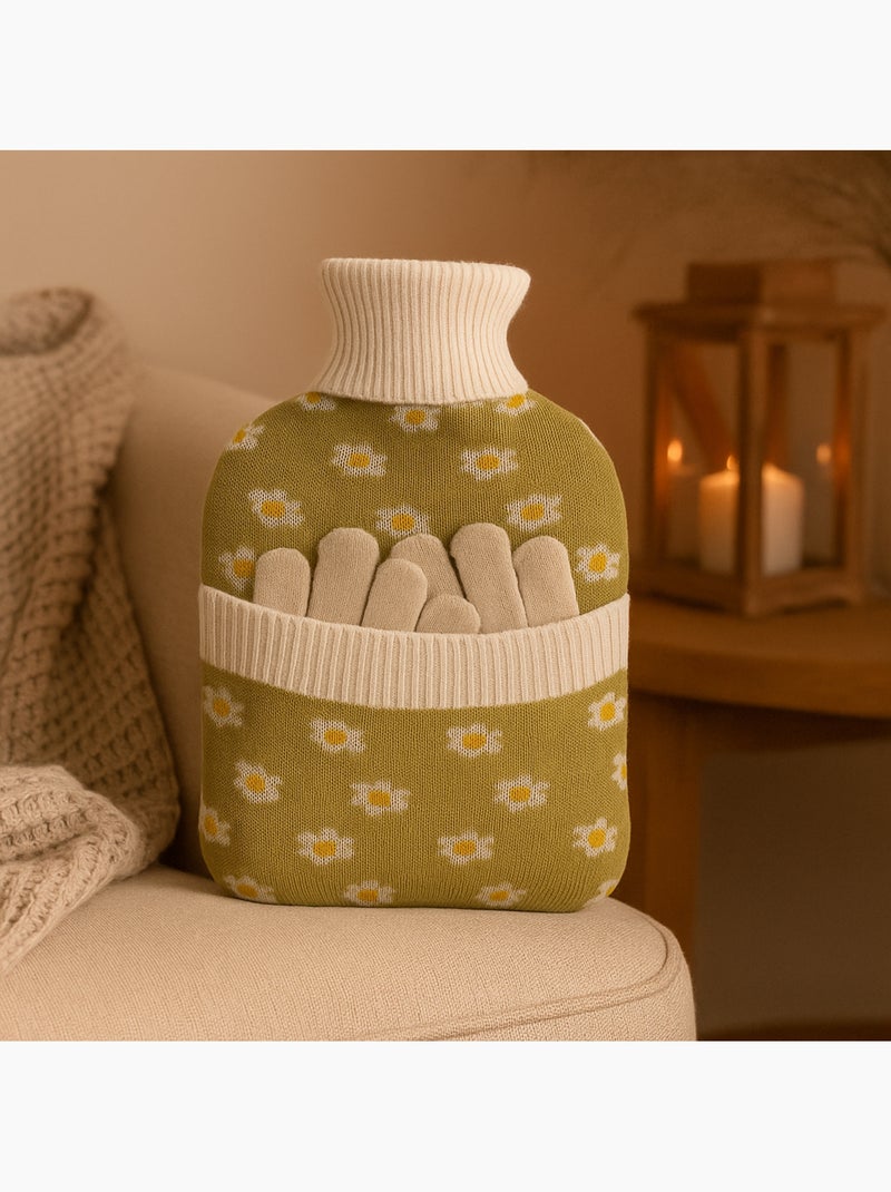 Borsa dell'acqua calda con guanti e fodera in maglia motivo fiori Verde - Kiabi