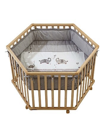 Box bebè esagonale in legno massello con ruote frenanti + tappeto con bordo "Roba Jumbo Twins