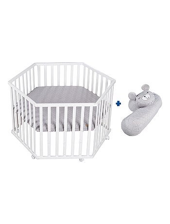 Box per bambini esagonale mobile in legno con tappeto impermeabile e cuscino paracolpi – Roba Style
