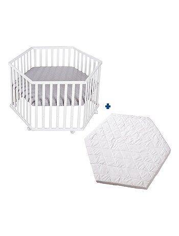 Box per bambini esagonale mobile in legno con tappeto impermeabile + materasso sfoderabile