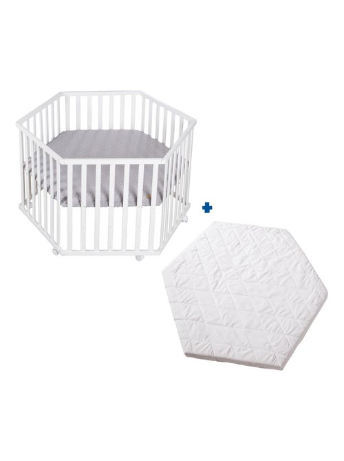 Box per bambini esagonale mobile in legno con tappeto impermeabile + materasso sfoderabile - Kiabi Box per bambini esagonale mobile in legno con tappeto impermeabile + materasso sfoderabile - Kiabi