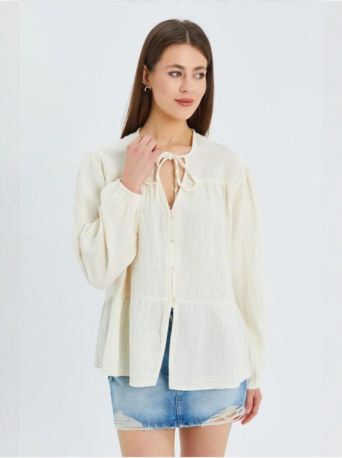 Camicetta a maniche lunghe dalla vestibilità relaxed con fiocco al collo mixray - Kiabi Camicetta a maniche lunghe dalla vestibilità relaxed con fiocco al collo mixray - Kiabi