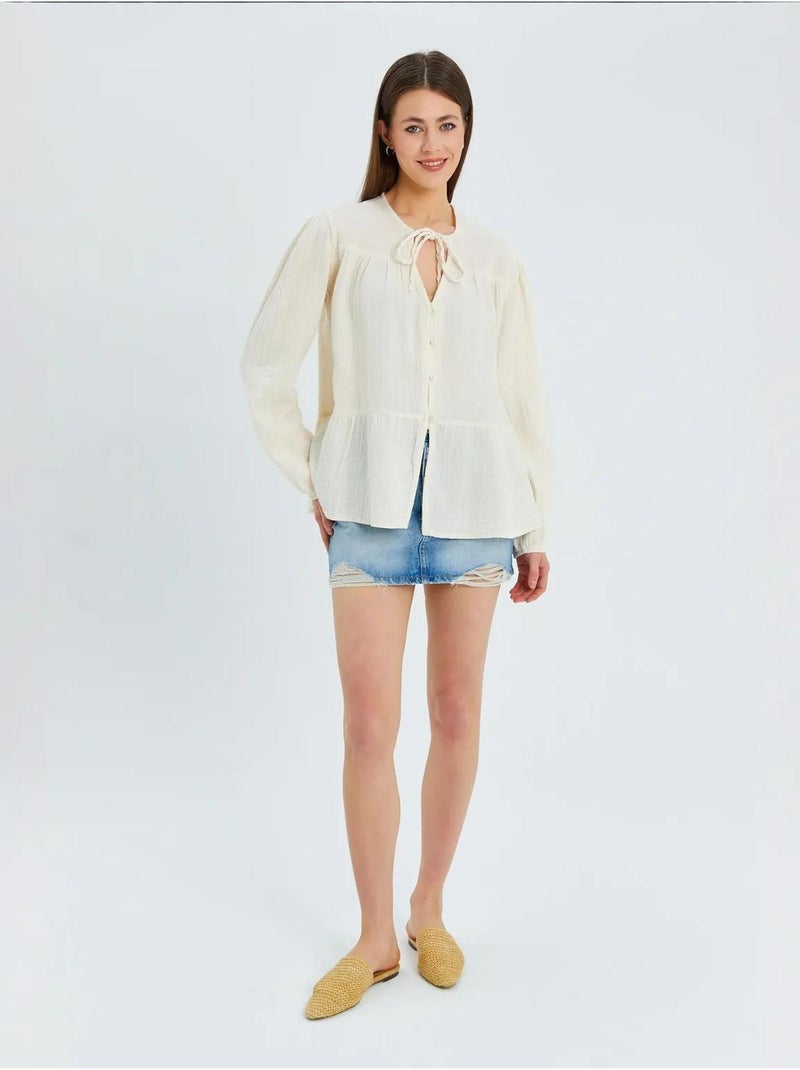 Camicetta a maniche lunghe dalla vestibilità relaxed con fiocco al collo mixray Beige - Kiabi