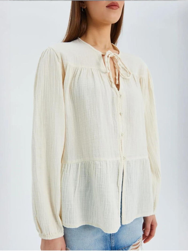 Camicetta a maniche lunghe dalla vestibilità relaxed con fiocco al collo mixray Beige - Kiabi