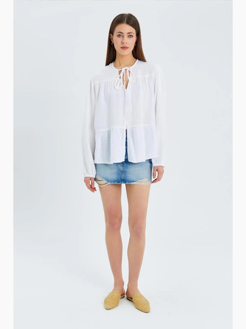 Camicetta a maniche lunghe dalla vestibilità relaxed con fiocco al collo mixray Bianco - Kiabi