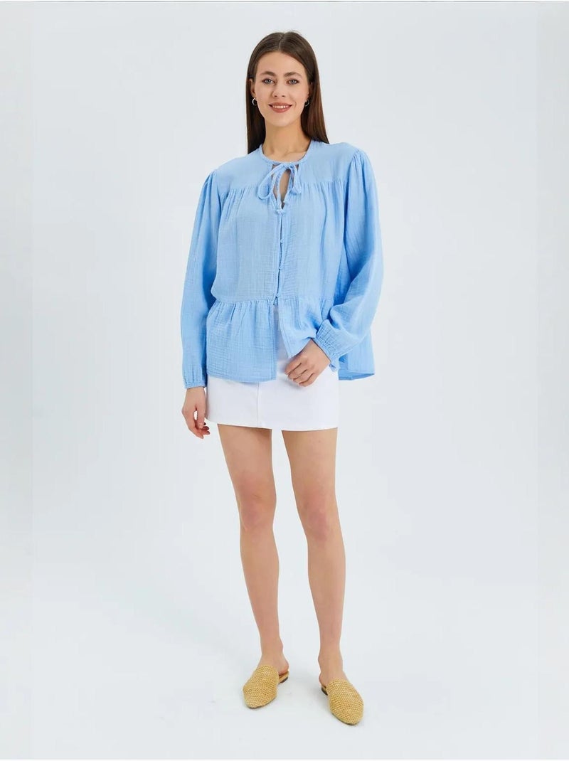 Camicetta a maniche lunghe dalla vestibilità relaxed con fiocco al collo mixray Blu cielo - Kiabi