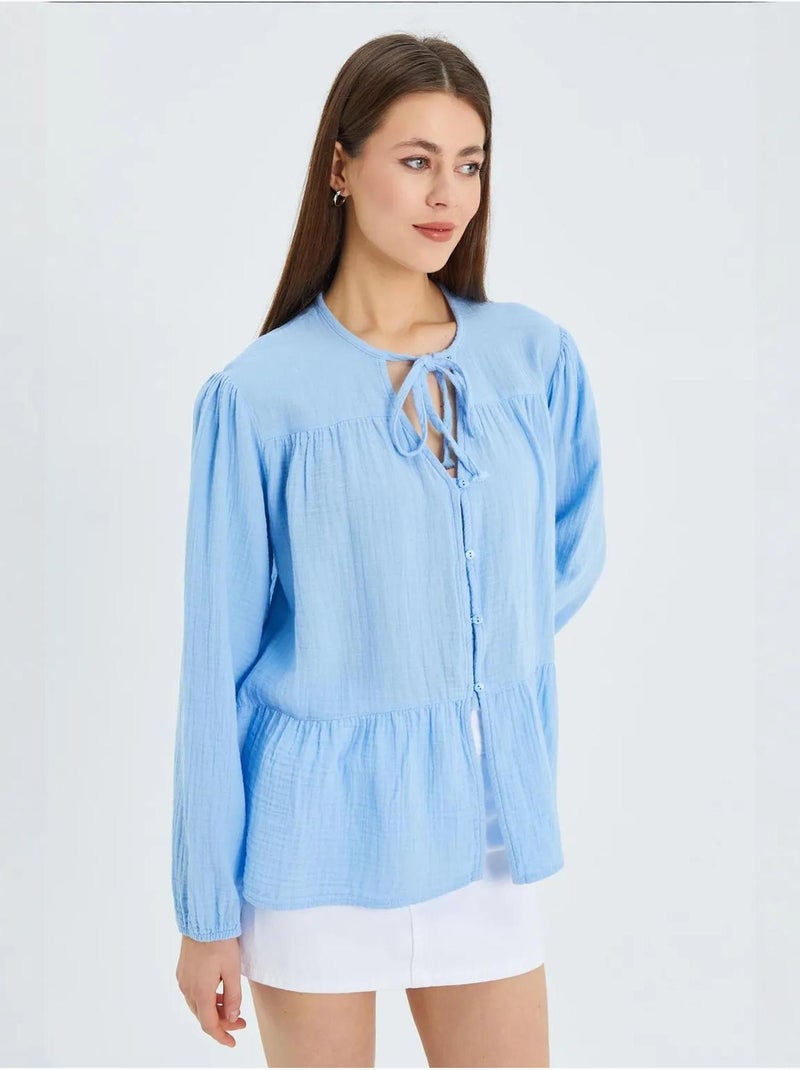 Camicetta a maniche lunghe dalla vestibilità relaxed con fiocco al collo mixray Blu cielo - Kiabi
