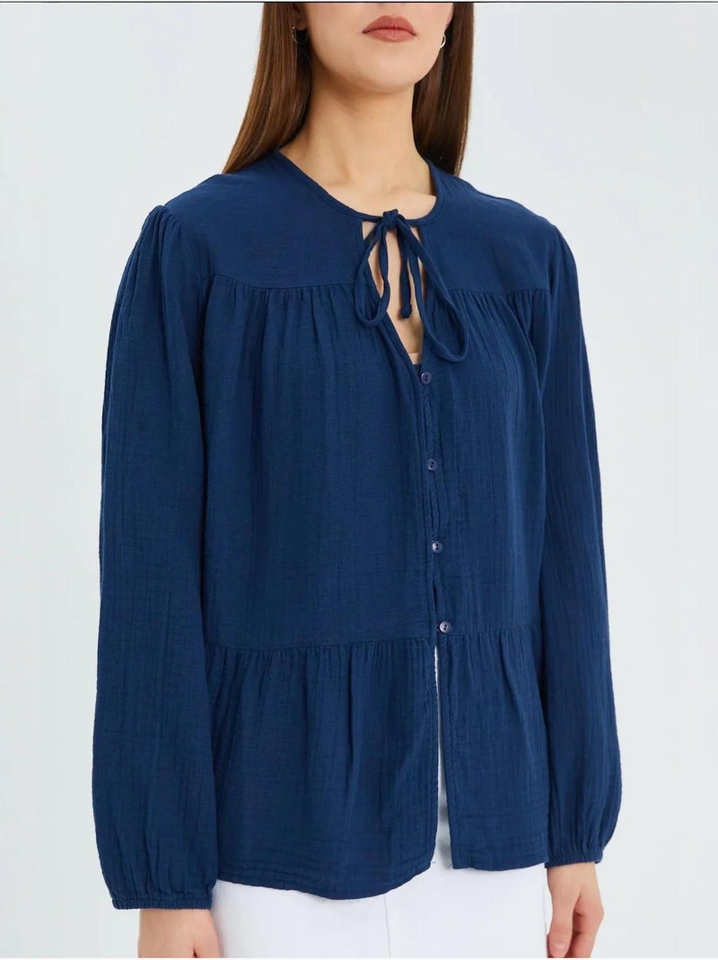 Camicetta a maniche lunghe dalla vestibilità relaxed con fiocco al collo mixray Blu marino - Kiabi