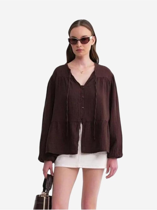 Camicetta a maniche lunghe dalla vestibilità relaxed con fiocco al collo mixray - Kiabi Camicetta a maniche lunghe dalla vestibilità relaxed con fiocco al collo mixray - Kiabi