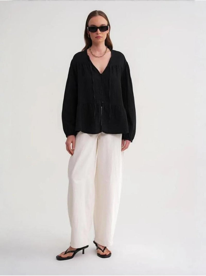 Camicetta a maniche lunghe dalla vestibilità relaxed con fiocco al collo mixray Nero - Kiabi
