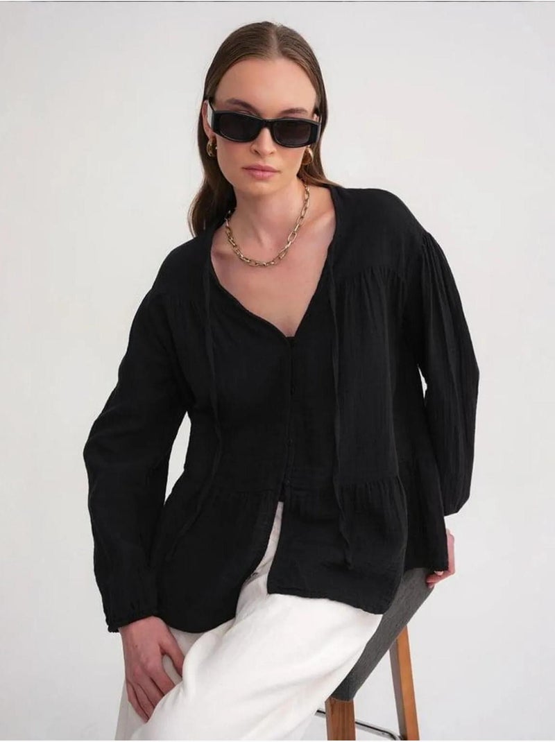 Camicetta a maniche lunghe dalla vestibilità relaxed con fiocco al collo mixray Nero - Kiabi