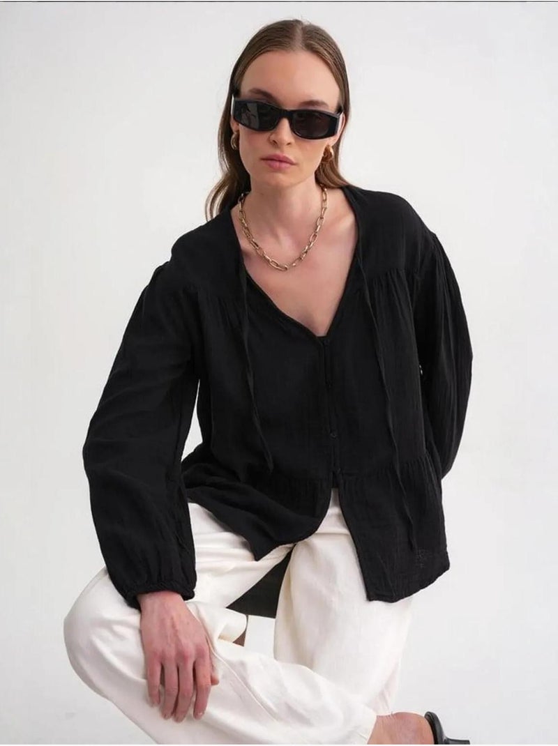 Camicetta a maniche lunghe dalla vestibilità relaxed con fiocco al collo mixray Nero - Kiabi