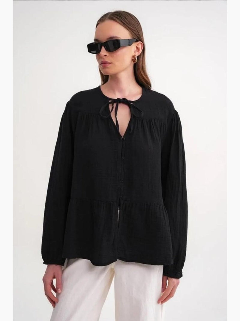 Camicetta a maniche lunghe dalla vestibilità relaxed con fiocco al collo mixray Nero - Kiabi