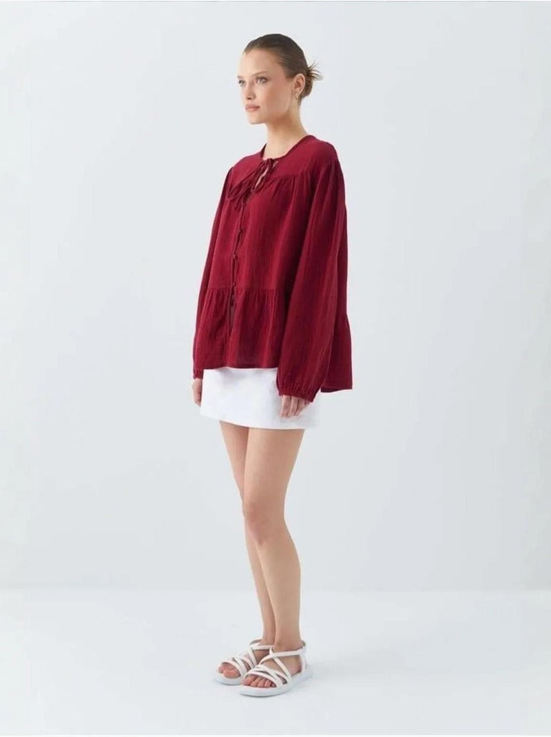 Camicetta a maniche lunghe dalla vestibilità relaxed con fiocco al collo mixray Rosso bordeaux - Kiabi