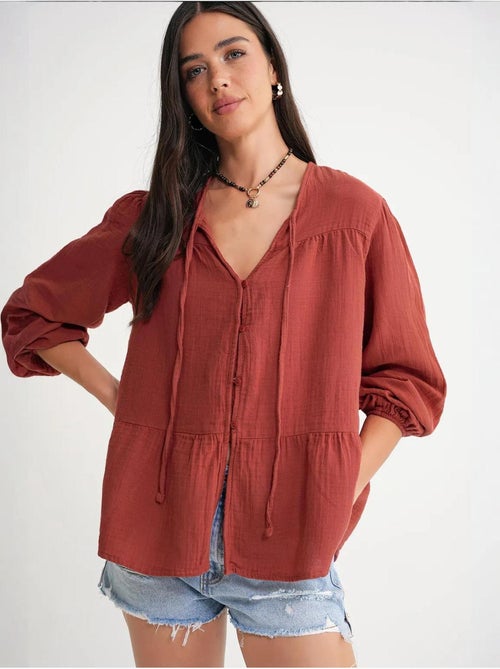 Camicetta a maniche lunghe dalla vestibilità relaxed con fiocco al collo mixray - Kiabi Camicetta a maniche lunghe dalla vestibilità relaxed con fiocco al collo mixray - Kiabi