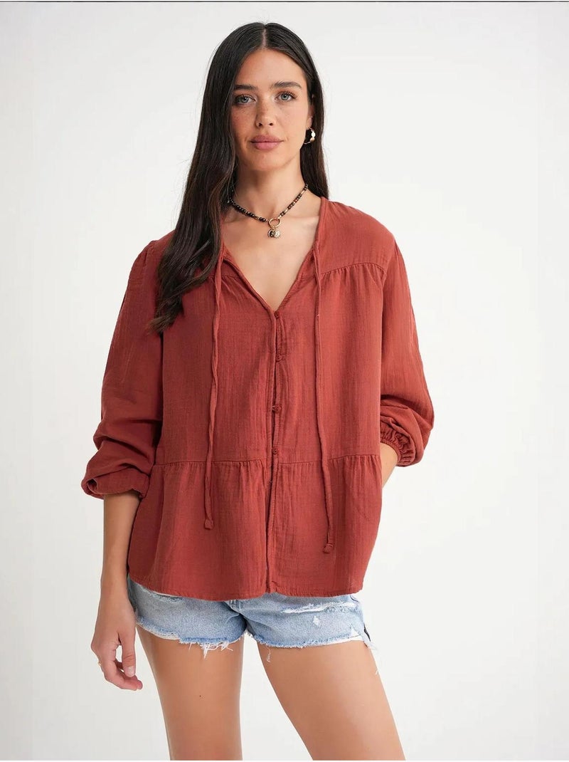 Camicetta a maniche lunghe dalla vestibilità relaxed con fiocco al collo mixray Rosso scuro - Kiabi