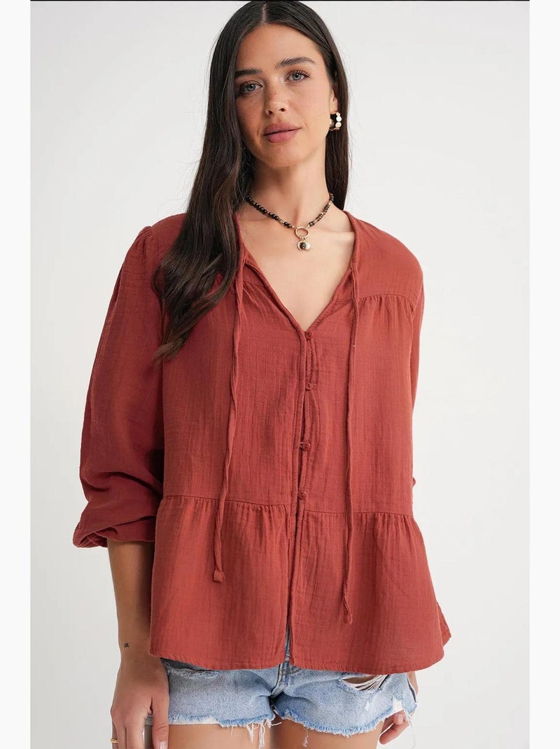 Camicetta a maniche lunghe dalla vestibilità relaxed con fiocco al collo mixray Rosso scuro - Kiabi
