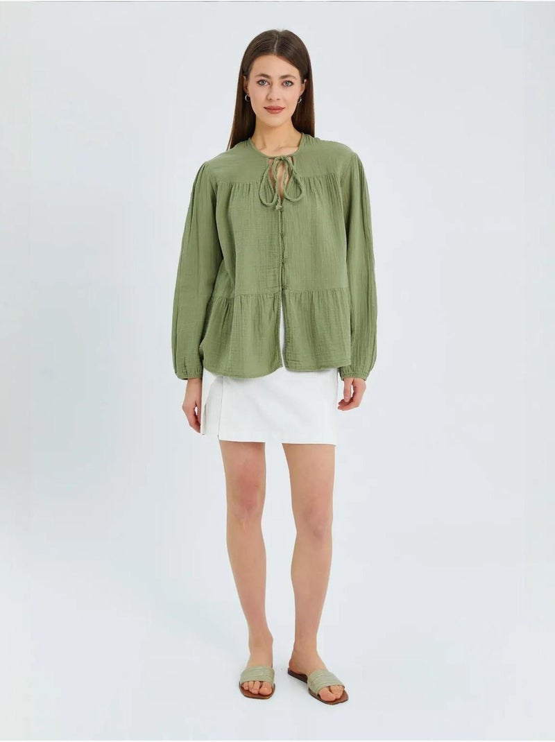 Camicetta a maniche lunghe dalla vestibilità relaxed con fiocco al collo mixray Verde pastello - Kiabi