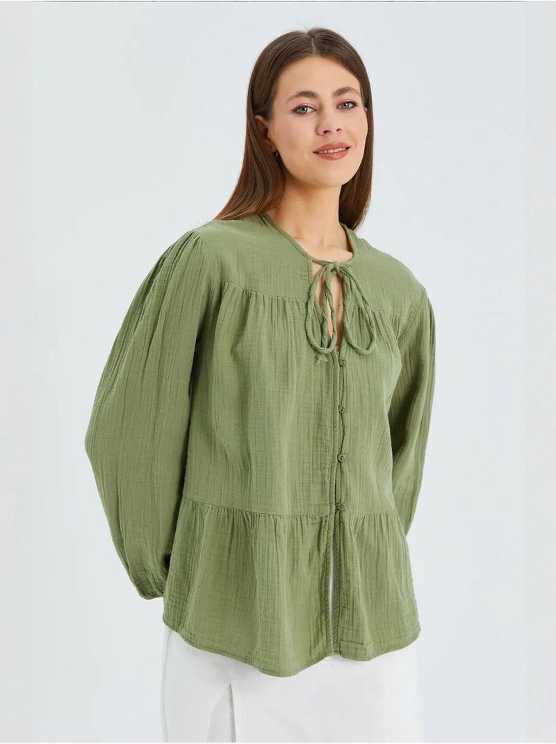 Camicetta a maniche lunghe dalla vestibilità relaxed con fiocco al collo mixray Verde pastello - Kiabi