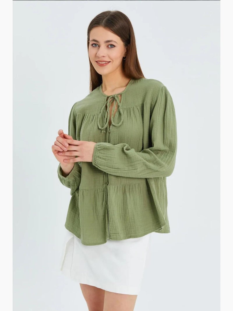 Camicetta a maniche lunghe dalla vestibilità relaxed con fiocco al collo mixray Verde pastello - Kiabi