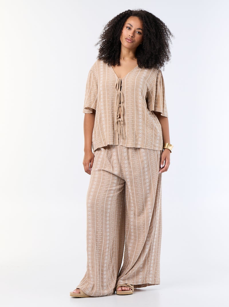 Camicetta con fiocchi e ricami a maniche corte Beige - Kiabi