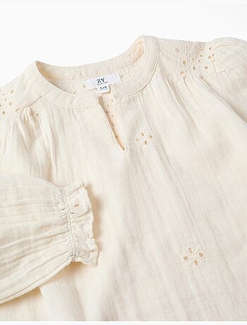 Camicetta in cotone con ricamo inglese e rouches