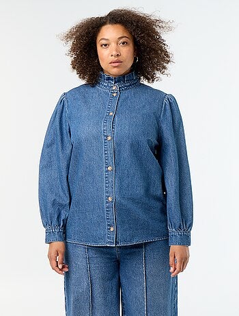 Camicetta in denim con collo alto a volant