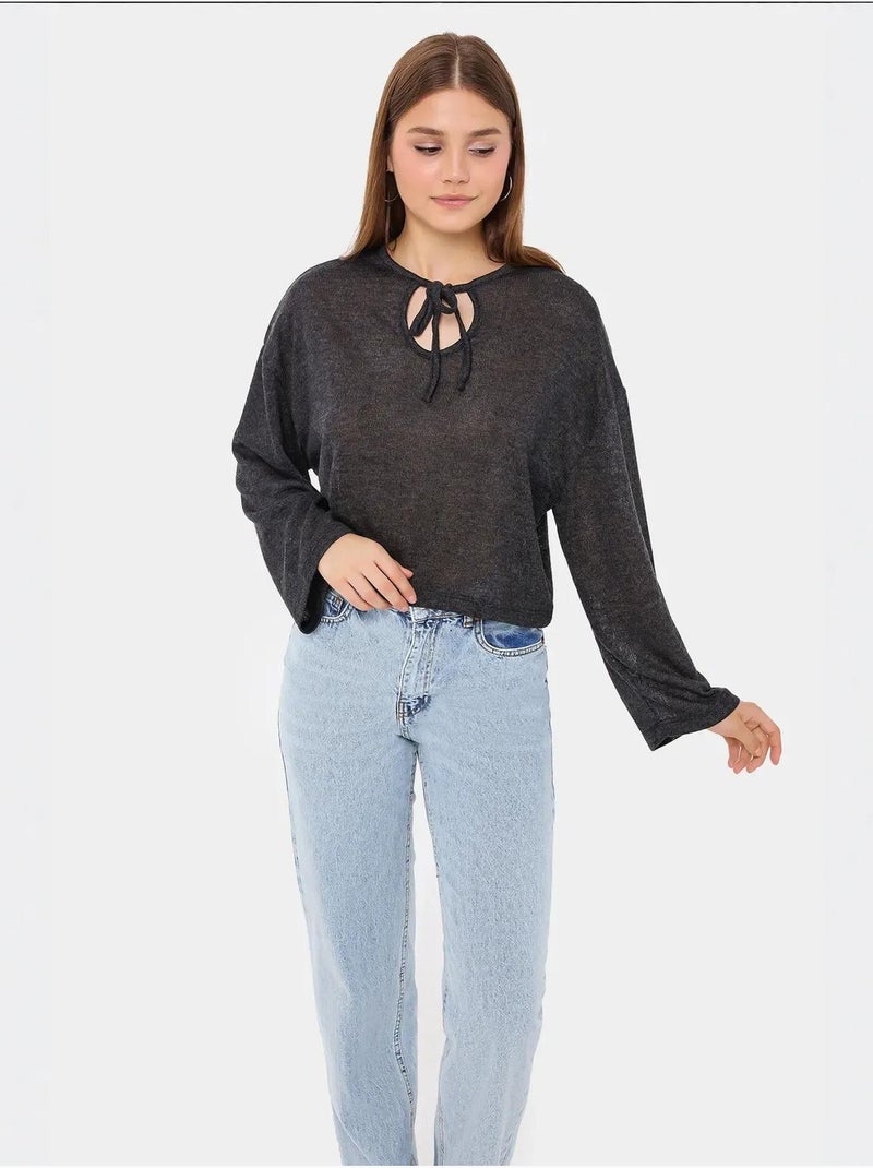 Camicetta in maglia ampia con scollo rotondo e dettaglio annodabile Grigio - Kiabi
