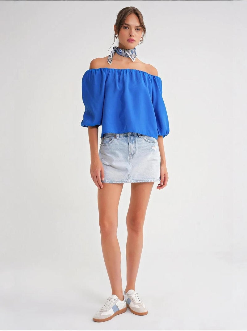 Camicetta in misto modal con collo madonna e dettaglio con ruches mixray Blu cobalto - Kiabi