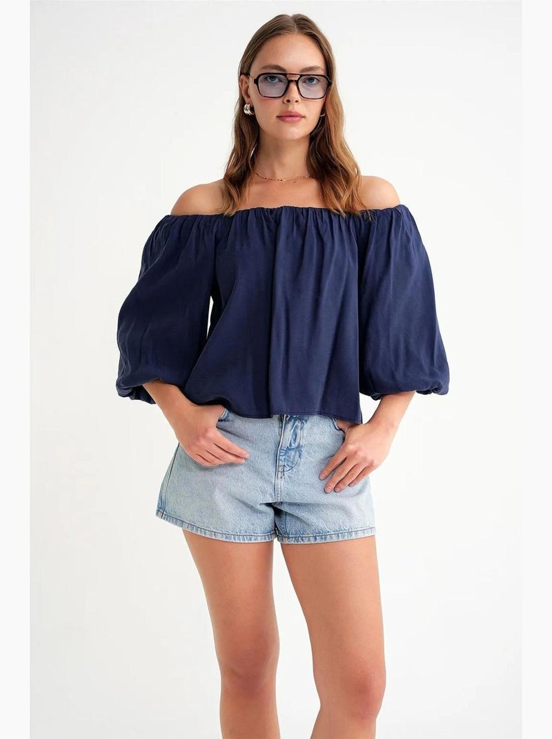 Camicetta in misto modal con collo madonna e dettaglio con ruches mixray Blu marino - Kiabi