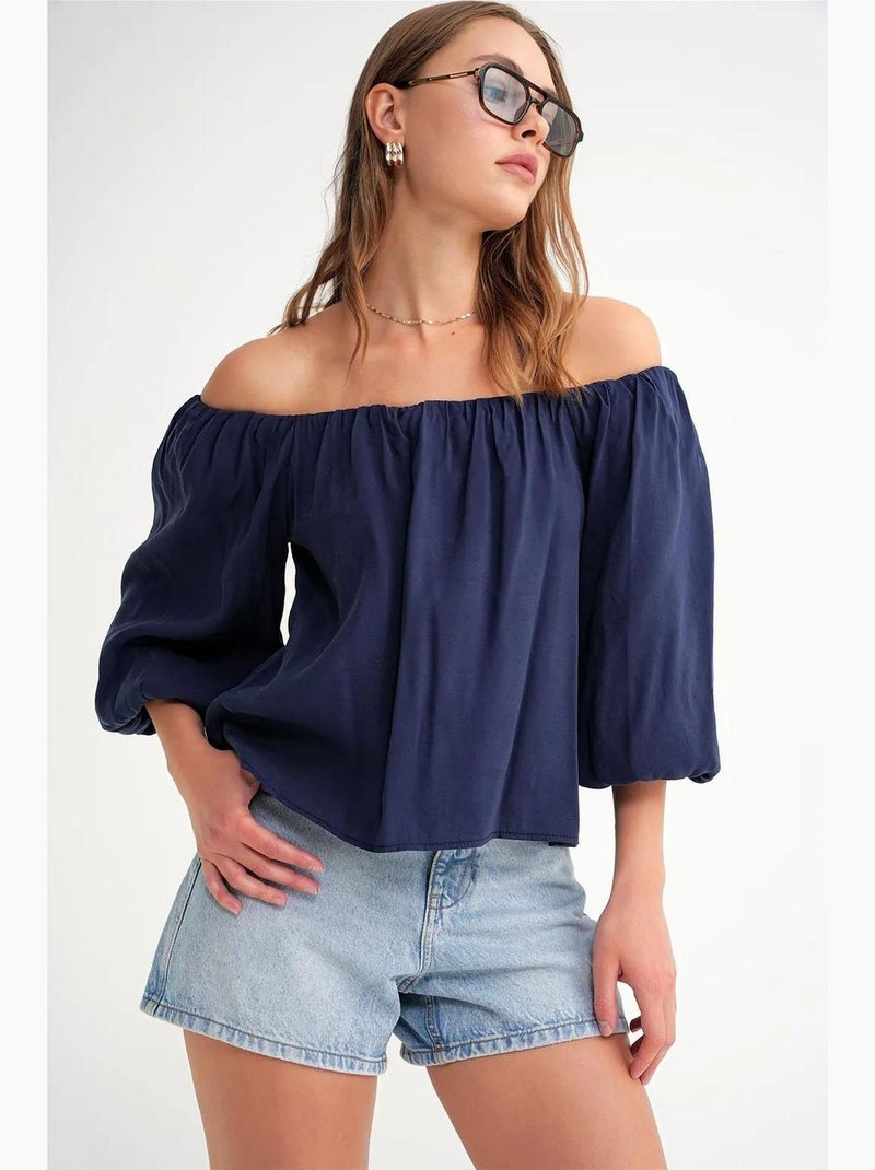 Camicetta in misto modal con collo madonna e dettaglio con ruches mixray Blu marino - Kiabi