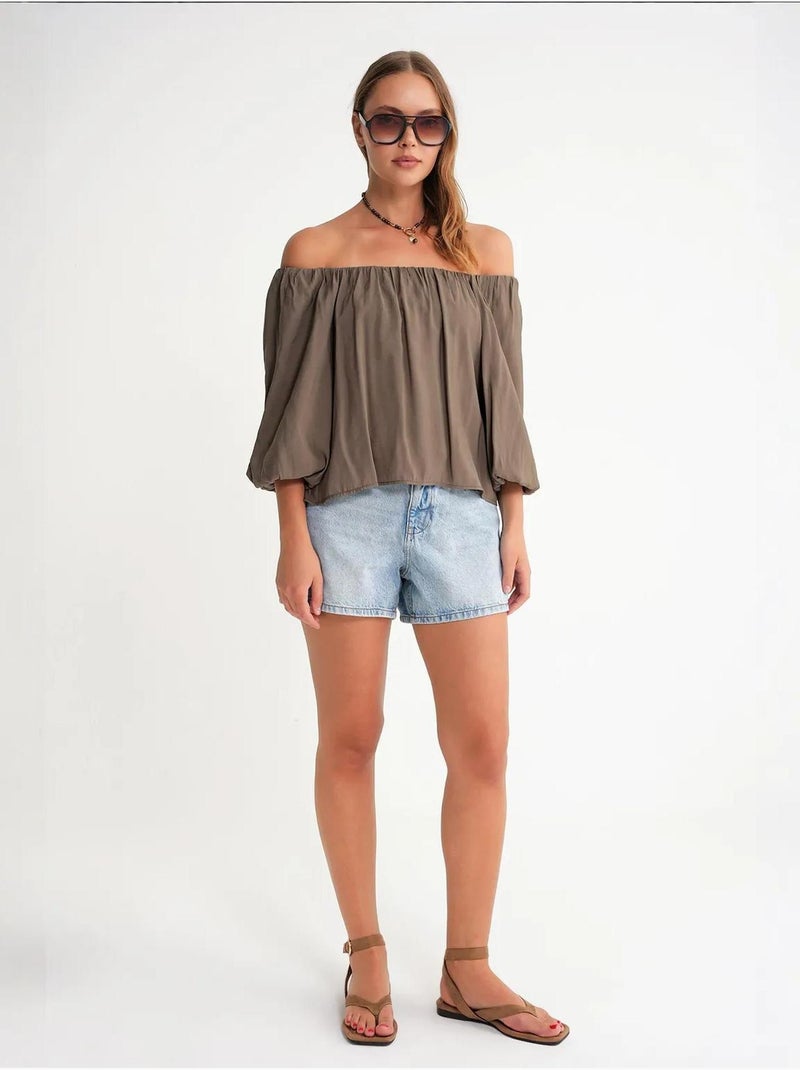 Camicetta in misto modal con collo madonna e dettaglio con ruches mixray Cachi - Kiabi