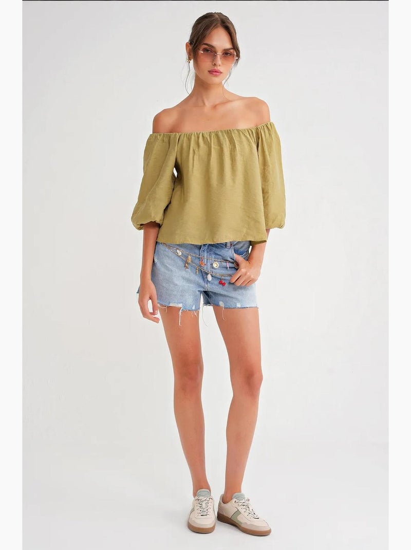 Camicetta in misto modal con collo madonna e dettaglio con ruches mixray Verde kaki - Kiabi